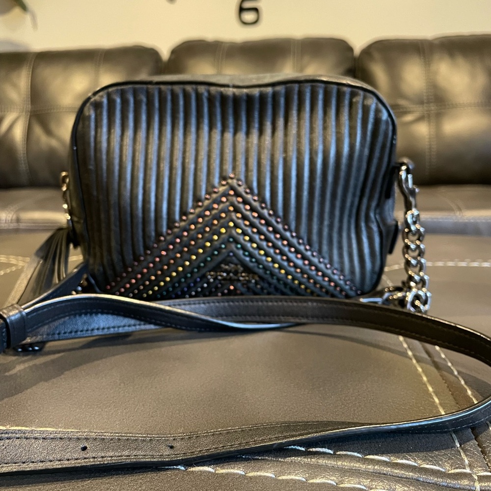 Coach Black Quilted Crossbody with Multicolored Stud Chevron